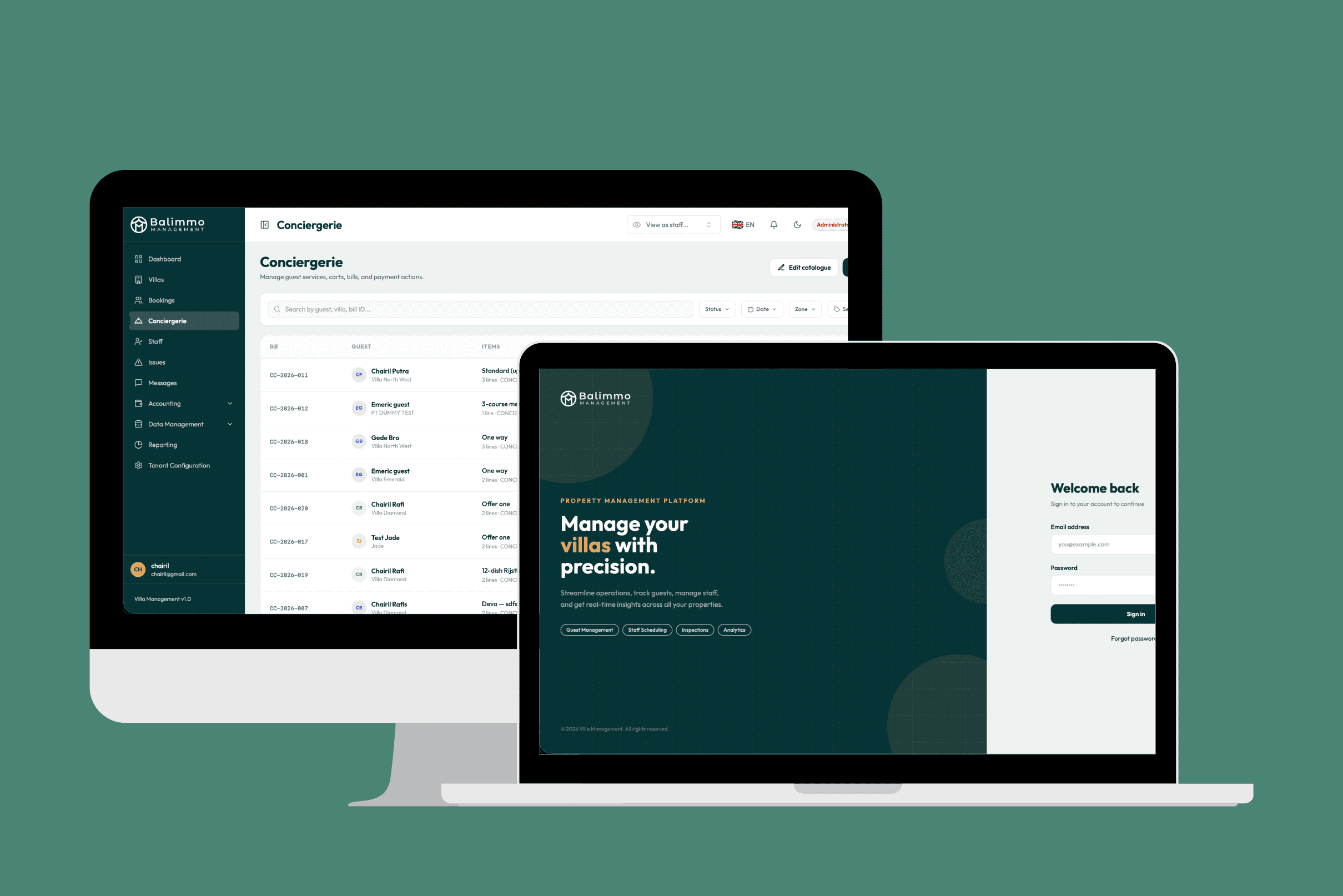 Villa Management omnichannel property management system dashboard